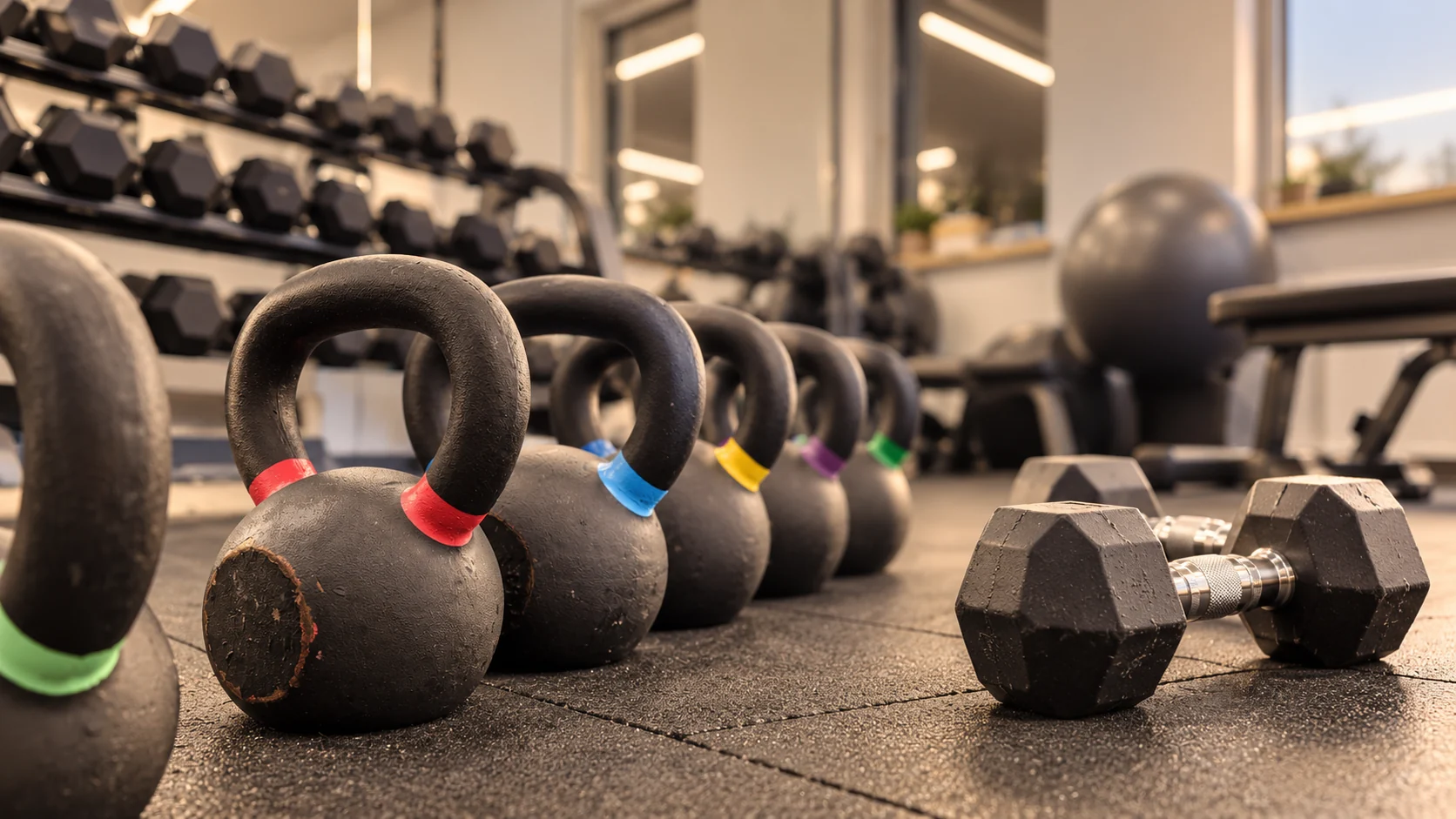 Kettlebells und Kurzhanteln in einem hellen Trainingsraum